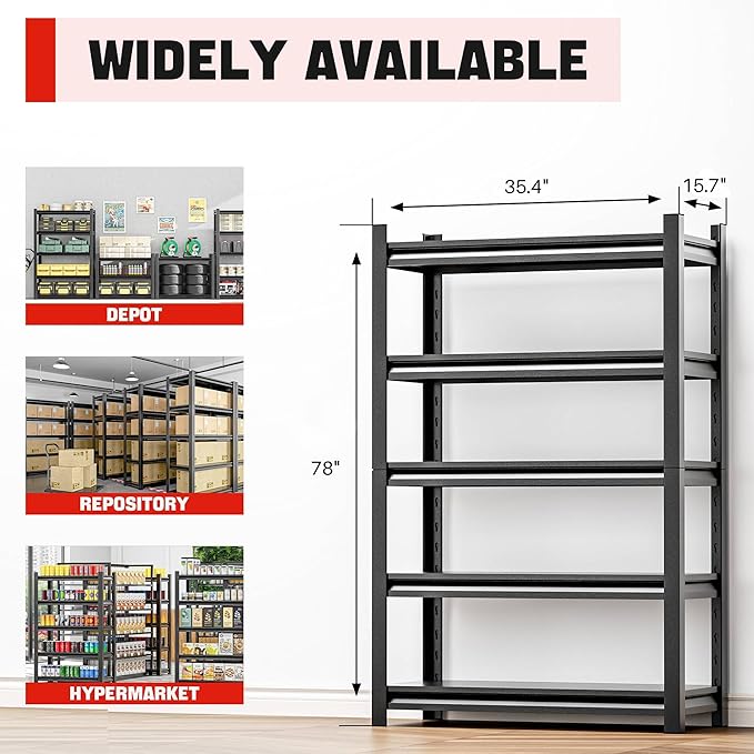 OLLRRACT Storage Shelving Rack - 5 Shelf Heavy Duty Garage Storage Shelf, Metal Shelving Organizer for Garage, Home, and Utility Rooms, Maximize Space with Easy Organization16 D x36 W x78 H
