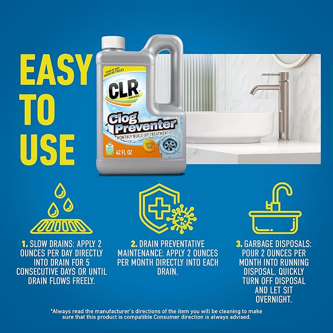 CLR Brands® Clog Preventer Clear Pipes and Drains Monthly Drain Build Up Remover, Helps Degrade Sources of Clogs to Keep Drains Flowing Smoothly, Safe on All Pipes and Drains - 80 Ounce Bottle