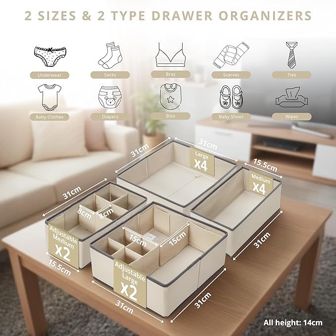 DECOMOMO Drawer Organizer for Baby – Clothes Organizer & Storage Dividers for Nursery, Storage Bins for Underwear, Bra, Socks, Diapers & Newborn Essentials (Beige, 12pcs)