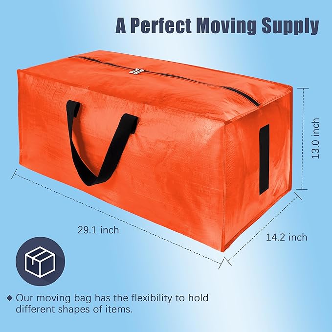 HOMESURE 12 Pack Large Strong Moving Bags with Zippers & Carrying Handles - Water-Resistant - Heavy Duty Storage Tote for Space Saving, Fold Flat, Alternative to Moving Box (Orange)