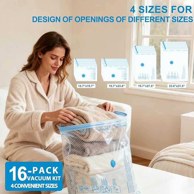 ANBIUX Vacuum Bags for Travel with Rechargeable air Pump, 16 Pack Carry-on Size Compression Packing Bags for Luggage and Suitcase, Space Saver for Clothes and Clothing Travel 16 PACK+PUMP