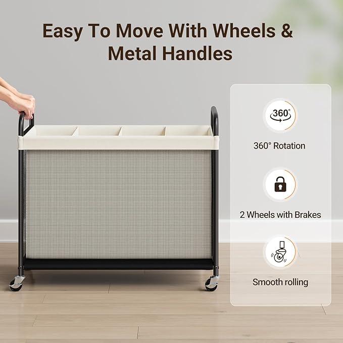 ELYKEN Laundry Hamper 4 Section, 140L Rolling Laundry Sorter with Removable Liner Bag, Laundry Basket with Wheels, Steel Frame with Metal Handle, Clothes Hamper Cart for Laundry Room & Bedroom