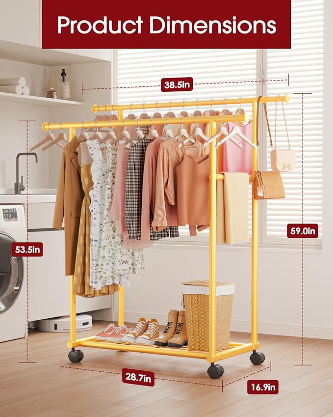Sakugi Metal Clothes Rack - Double Rod Clothing Rack with Fixed Design and Rolling Wheels, Coat Rack with Built-In Shelf for Closet Organizers and Storage (38.5" x 16.9" x 59.0", Gold)