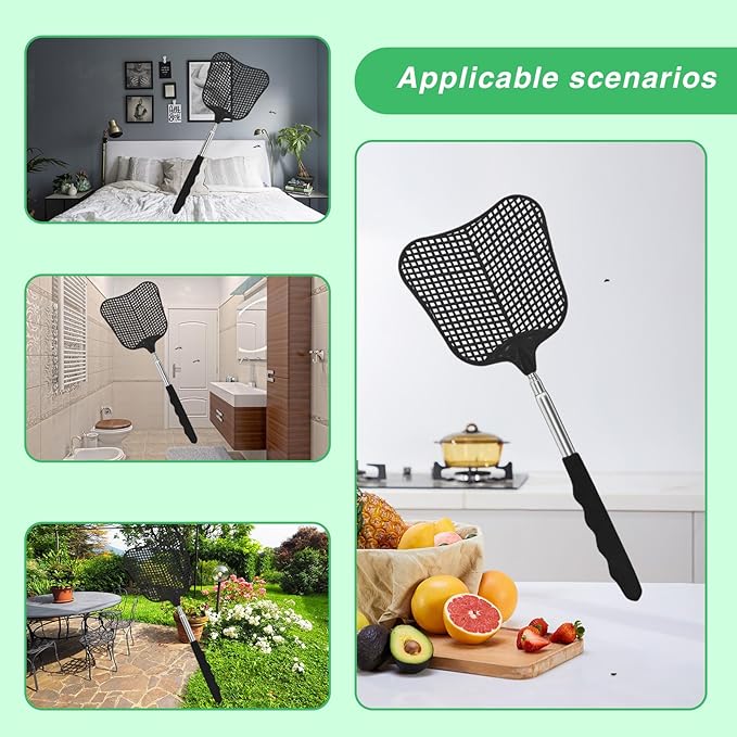 MYSTICHOME Fly Swatter 1 Pack, Durable Heavy Duty Plastic Fly Swatters, Stainless Steel Telescopic FlySwatter for Indoors/Outdoor/Kitchen/Garden(Black)