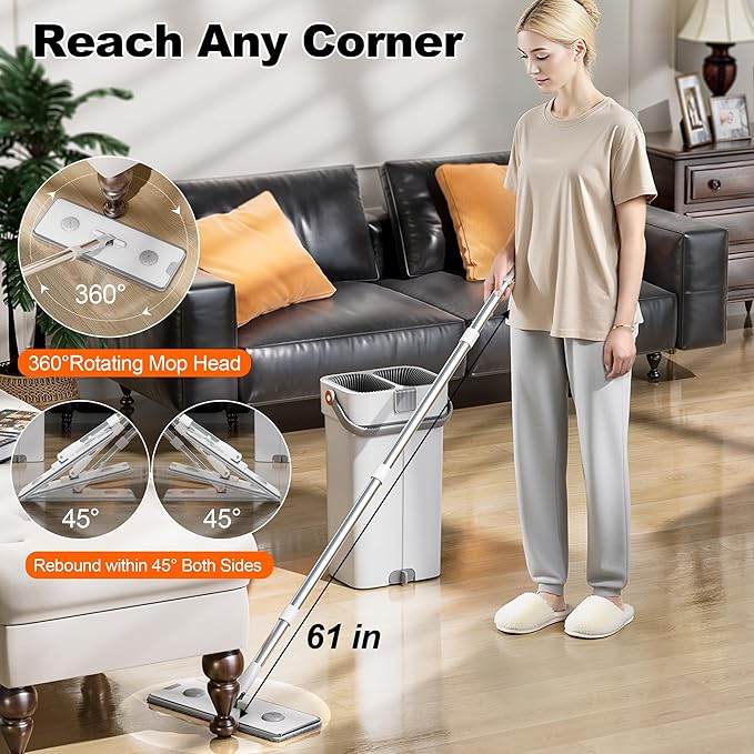 Mop and Bucket Set, Flat Mop and Bucket System, Mop Bucket with Wringer, Wall Mop with Adjustable Handle (Max 61 Inches), 5 Washable Microfiber Mop Pads
