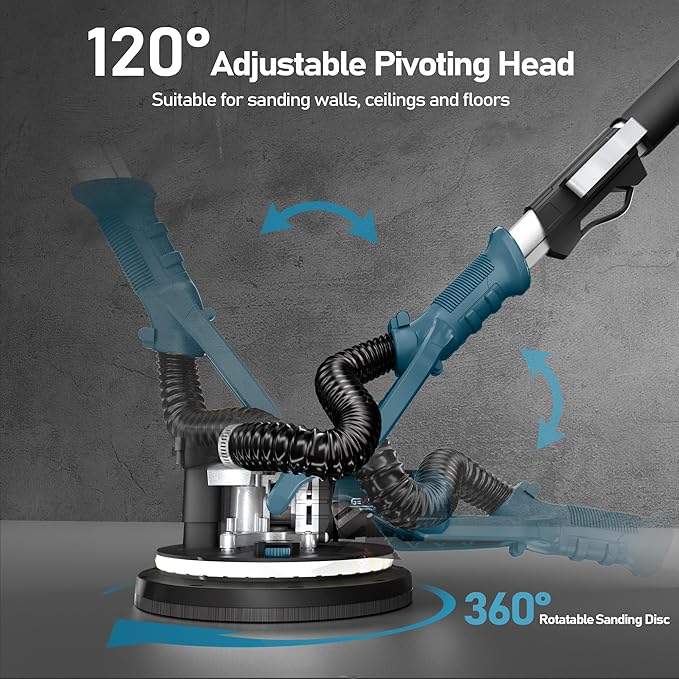 GEVEELIFE Drywall Sander, 880W 7.33A Electric Drywall Sander with Vacuum Dust Collector, 5 Variable Speed 1000-2100RPM, LED Light, Foldable & Extendable Handle, 12 Sanding Discs
