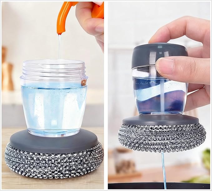 Dispensing Steel Wool Scrubber, Heavy Duty Stainless Scouring Pad with Dispenser, Brush with Soap Dispenser, Steel Sponge Scourer for Kitchen, Dishes, Pan, Stove, Grill, Cast Iron 1+4