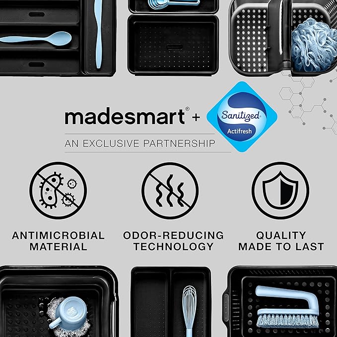 madesmart Antimicrobial 2-Tier Organizer Multi-Purpose Slide-Out Storage with Handles and Dividers for Home and Bath, Pack of 1, Carbon
