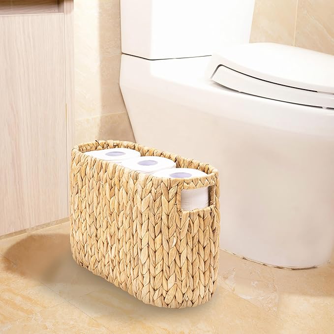 Wicker Toilet Paper Storage Holder with Built-in Handles, Toilet Paper Holder for up to 6 Mega Rolls, Water Hyacinth Toilet Paper Baskets Bathroom Accessories Organizer