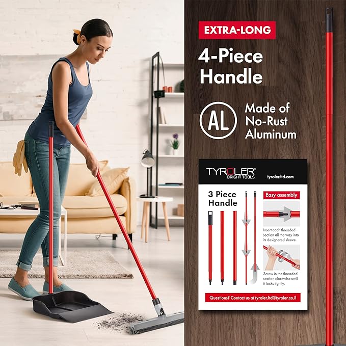Tyroler Multi-Purpose Extra Large 100% Rubber Dustpan for Dry & Wet Floor Cleaning Indoor and Outdoor | New 105cm Long Aluminum Anti-Rust Handle | Compatible with Any Size Broom and Squeegee