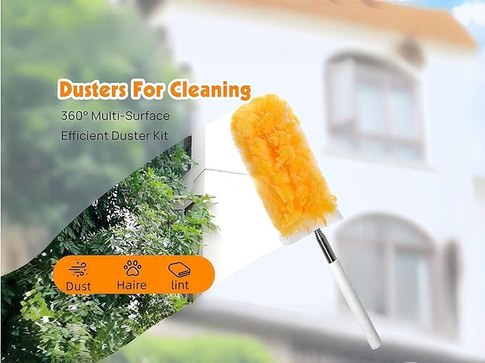 Heavy Duty Duster Refills, Disposable Dusters Kit for Cleaning Dusting Furniture Blind Ceiling Fan, Multi Surface 360 Feather Duster(10)+3FT Extended Handle（1） (Orange)
