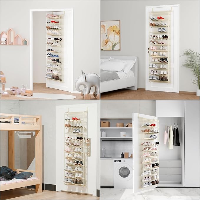 Whitmor 36 Pair Over The Door Shoe Organizer, 12 Tier Hanging Shoe Organizer, Heavy Duty Metal & Mesh Shoe Holder, Hanging Shoe Rack for Closet Organizer & Storage, 69"L x 21.7"W x 7.5"H, Beige