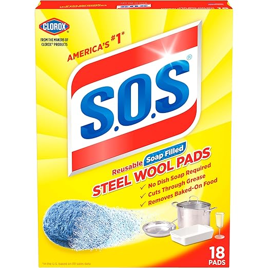 S.O.S Steel Wool Soap Pads, Home Cleaning Pads, Reusable Soap Scrubbers, Grease Cleaner, Outdoor, Bathroom or Kitchen Cleaning, 18 Count (Pack of 12)