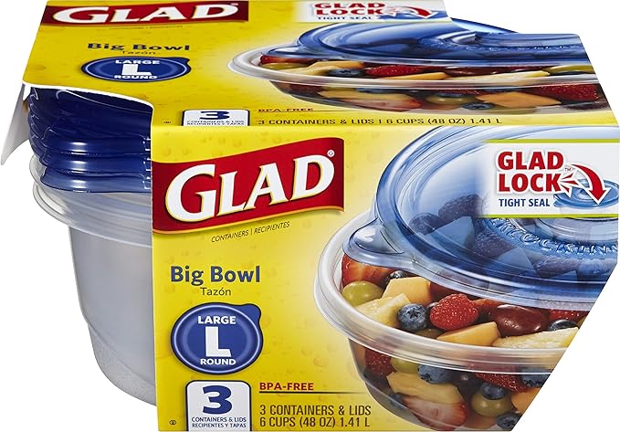 Glad GladWare Big Bowl Food Storage Containers with Lids, Large Round No BPA Plastic Containers for Soups, Salads, and Meal Prep, Lock Tight Seal, Microwave Dishwasher Safe, 48 Oz, 3 Count - 6 Pack