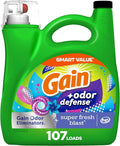 Gain + Odor Defense Liquid Laundry Detergent, Super Fresh Blast Scent, 107 Loads, HE Compatible Washing Soap (Packaging May Vary)