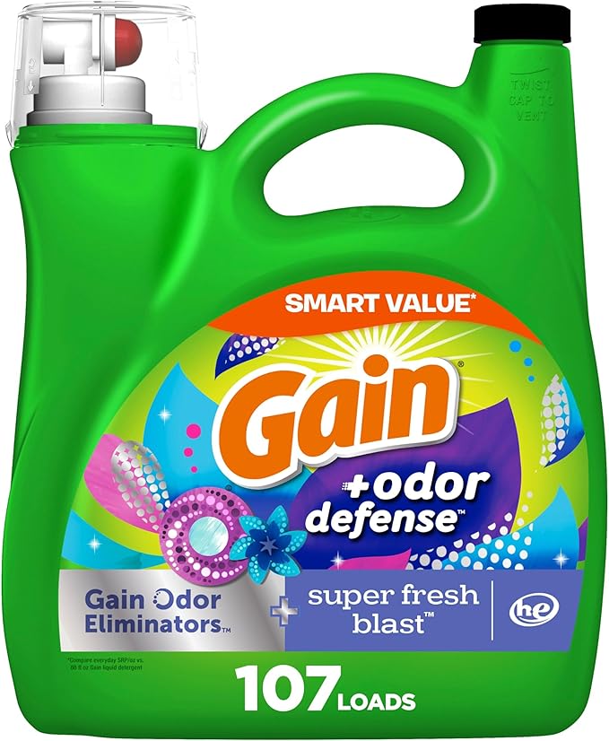 Gain + Odor Defense Liquid Laundry Detergent, Super Fresh Blast Scent, 107 Loads, HE Compatible Washing Soap (Packaging May Vary)