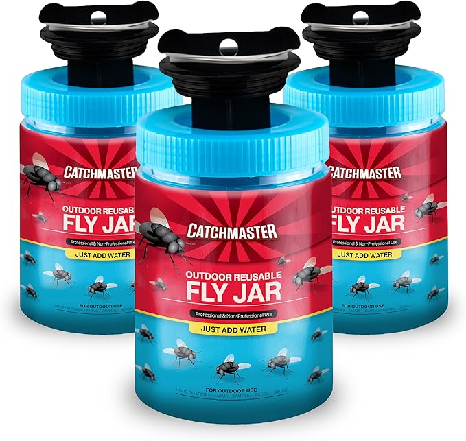 Catchmaster Outdoor Reusable Fly Traps Outdoor with Food-Based Lure Included – 3 Pesticide-Free Hanging Fly Jars – Bug Catchers for Yard, Patio & Trash – Sets Up in Seconds