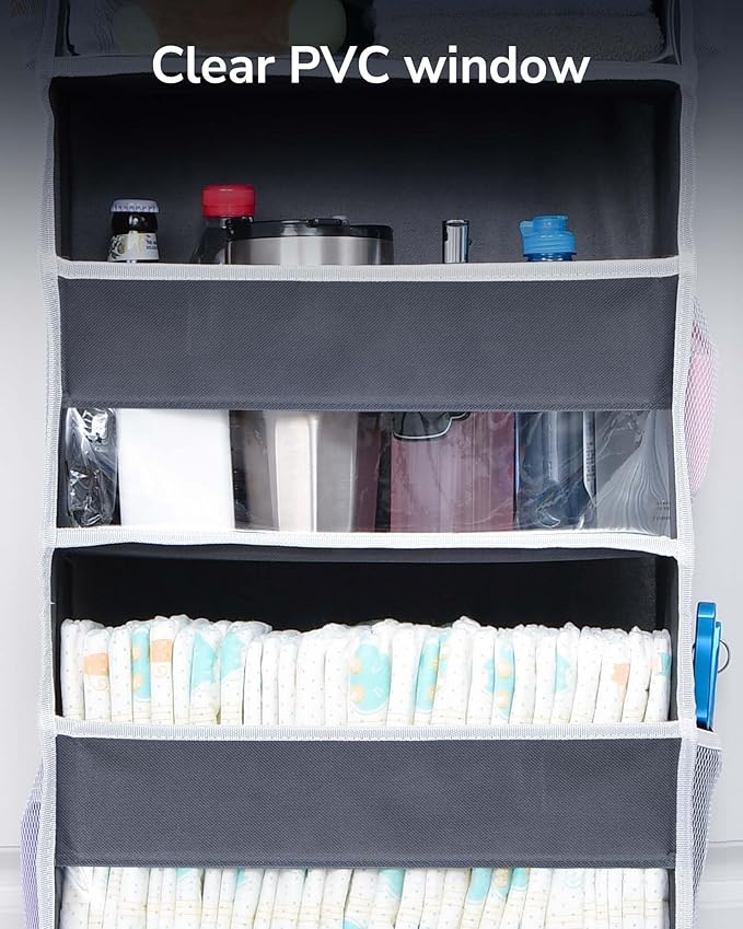 ULG 1 Pack Over Door Organizer with 5 Large and 10 Mesh Side Pockets, 44 lbs Weight Capacity Hanging Storage with Clear Window Kids Toys, Shoes, Diapers, Dark Grey, 5 Layers