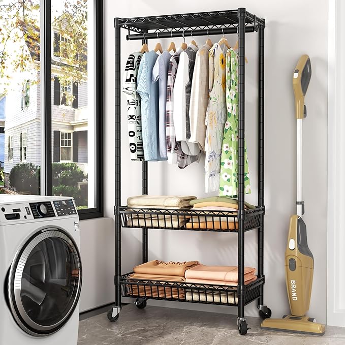 Heavy Duty Clothes Rack Rolling Garment Rack,3 Tier Adjustable Wire Shelving Clothing Racks for Hanging Clothes with Double Rods&Side Hooks,Freestanding Wardrobe Storage Rack Metal Portable Closet
