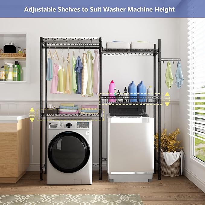 Golpart Over Washer and Dryer Shelves,Laundry Room Storage Organization Clothes Drying Rack,4 Tier Adjustable Height Wire Shelving with Wire Basket,Hanger Rod&Hook,Space Saving Shelf