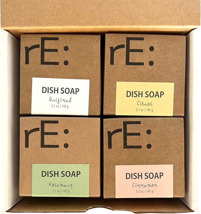 RE: REKURATOR Dishwashing Soap with Loofah Sponge – Eco-Friendly, Gentle, Plant-Based Dish Bar, No Artificial Dyes or Fragrance 4 pk (Cinnamon, Citrus, Unscented and Rosemary)