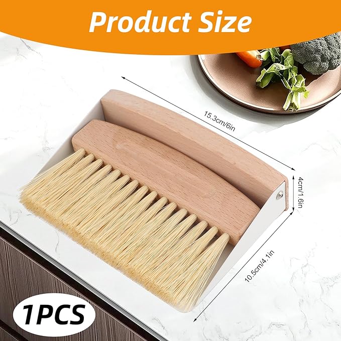 Small Dustpan and Brush Set with Wooden Handle,Mini Metal Crumb Sweeper for Countertops,Desk,Pet Hair,Car,Portable Cleaning Tools for Kitchen,Camping,Sofa (White)