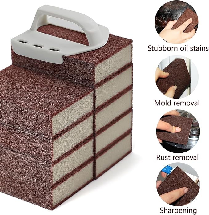 Magic Carborundum Sponge, 12pcs with 2 Handles Rust Foam Cleaning Eraser for Pots, Pans, Sink, Grill, Household Cleaning Emery Sponges for Kitchen, Bathroom
