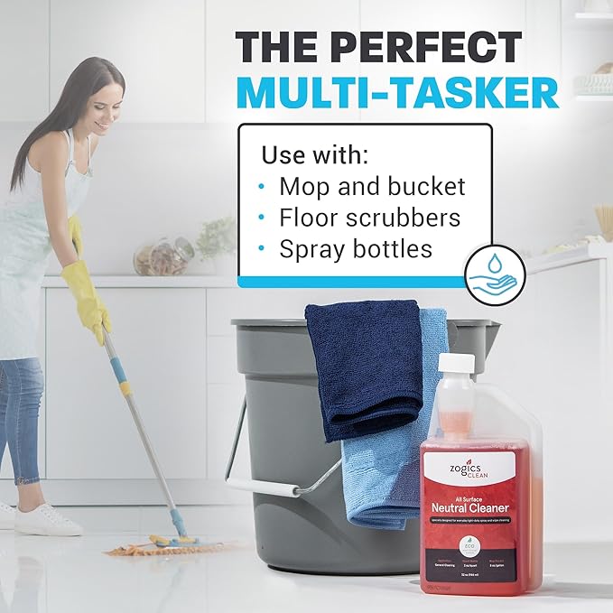 Zogics All Surface Neutral Cleaner – Floor Cleaner Solution with a Low Toxicity Formula and Neutral pH for All Surfaces, Each Bottle Makes up to 16 Gallons