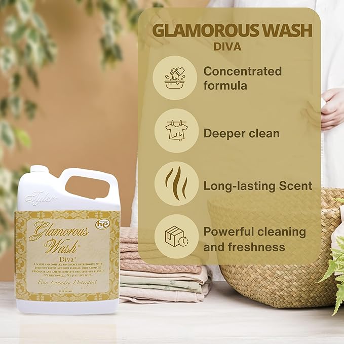 Worldwide Nutrition Bundle Compatible with Tyler Candle Company Glamorous Wash Diva Laundry Liquid Detergent - Hand and Machine Washable Diva Laundry Detergent - 3.78L (1Gallon) Detergent w/Keychain