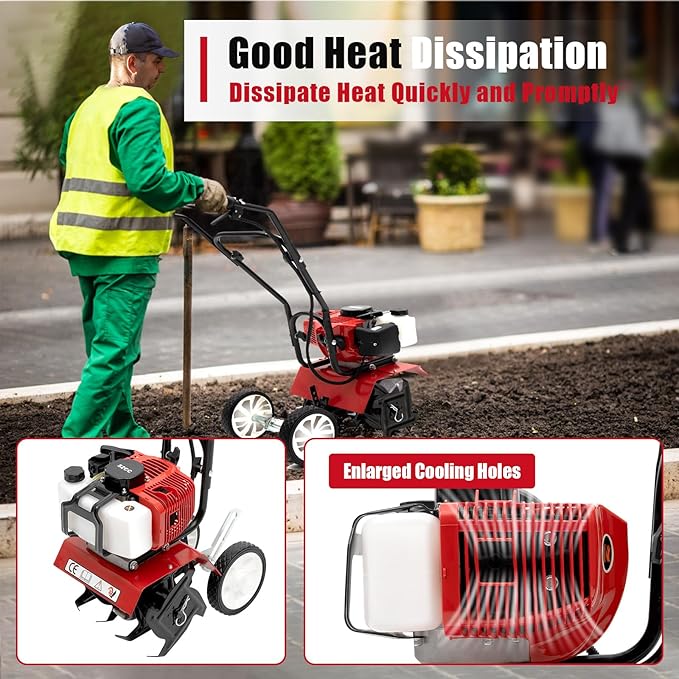 52CC Gas Powered Tiller Cultivator 2-Stroke Garden Cultivator Single-Cylinder Hand Rotary Cultivator Rototiller Garden Tool with Air-Cooling for Garden and Field Soil Cultivation 7000r/min