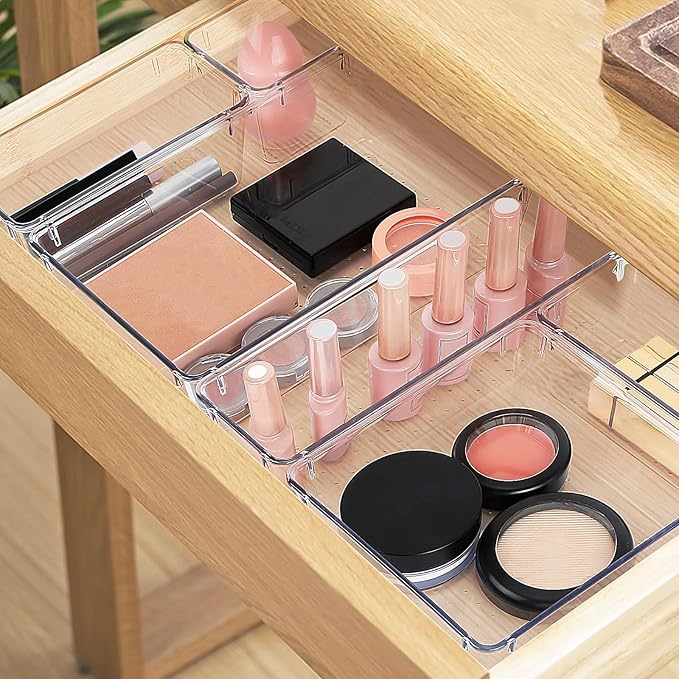 StorMiracle 25 PCS Drawer Organizer Set, 4 Varied Size Bathroom and kitchen Drawer cabinet organizer Trays, Clear Storage Bins for Makeup, Jewelry, Utensils and Gadgets