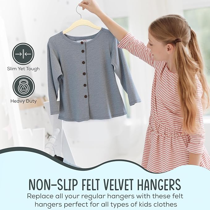 TechZoo 25 Premium Kids Velvet Hangers - 14" Non-Slip Clothes Hangers for Kids & Preteens - Ultra Slim, Space-Saving, Strong & Durable Hangers with 360° Swivel Hook - Beige
