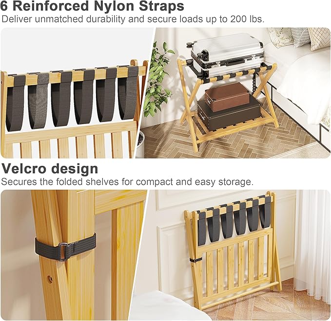 BAMBOOHOMIE 2 Pack Bamboo Luggage Rack for Guest Room, 26.77" Folding Wide Suitcase Stand with Storage Shelf, Thickened Luggage Stand Holder for Bedroom Hotel, Luggage Rack for Suitcases (Natural)