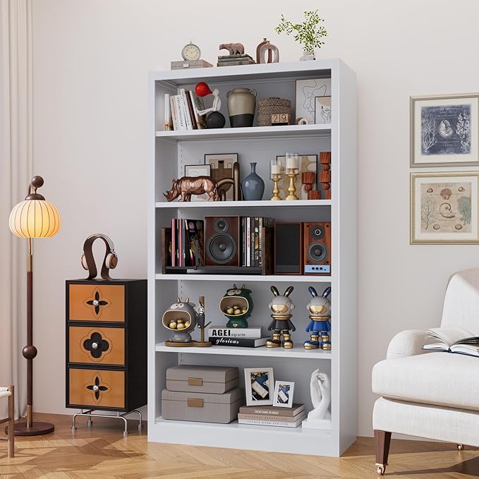 Heavy-Duty Steel Open Storage Cabinet with Adjustable Shelves, 5-Tier Shelving Unit, Easy Assembly Freestanding Organizer for Pantry,Office, Living Room,Bookshelf(White, 5 Tier-55"H x 27.6"W x 11.8"D)