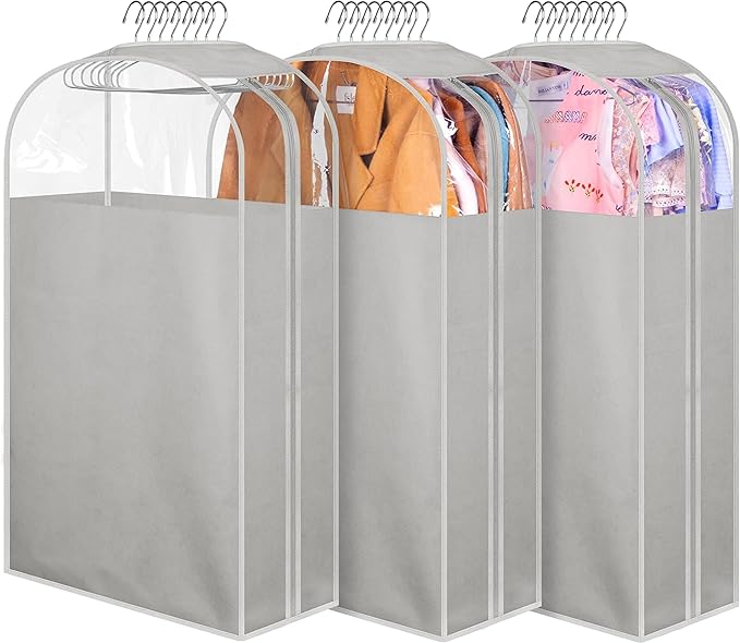 MISSLO 10" Gusseted Garment Bags for Hanging Clothes 32" Suit Bags for Closet Storage Clothing Covers for Shirts, Coats, 3 Packs, Grey