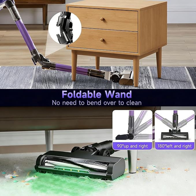 LAQVITA Cordless Vacuum Cleaner, Vacuum Cleaners for Home with 180° Bendable Wand | Green LED Light, Self-Standing, 1.5L Dust Cup, Washable HEPA Filter| Lightweight Stick Vacuum for Hardwood Floors