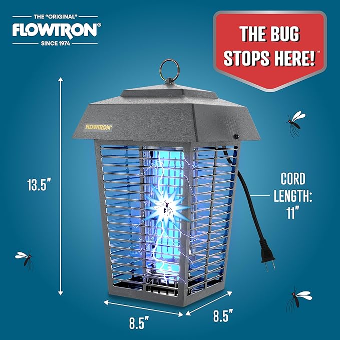 Flowtron Bug Zapper, 1 Acre of Outdoor Coverage with Powerful 40W Bulb & 5600V Instant Killing Grid, Electric Insect, Fly & Mosquito Zapper, Made in The USA - Grey Color