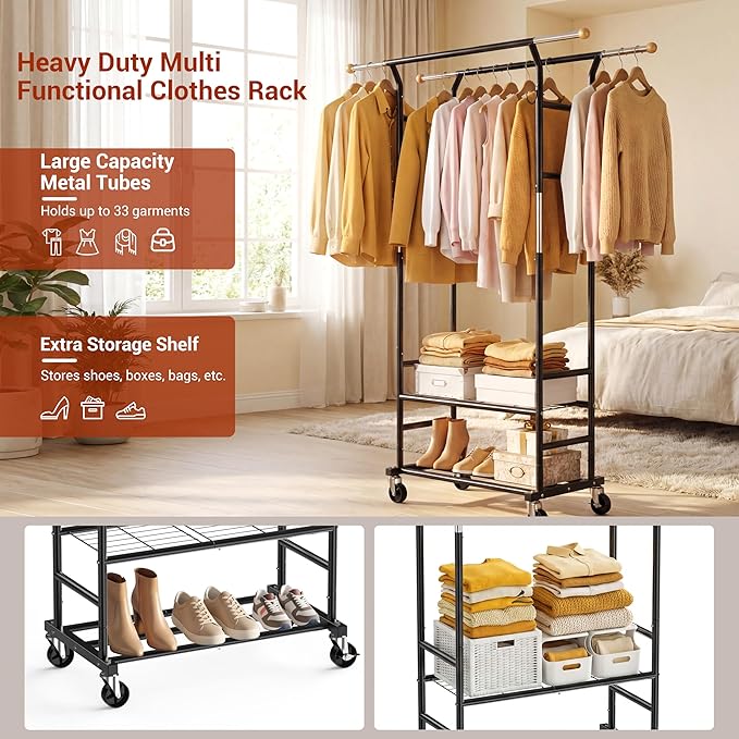 Clothes Rack with 3-Level Height Adjustment - Double Rod Extendable Hanging Rails with Wooden Finials, Luxury 2-Tier Metal Storage Shelves - Sturdy Wardrobe Rack for Closet, Bedroom or Laundry
