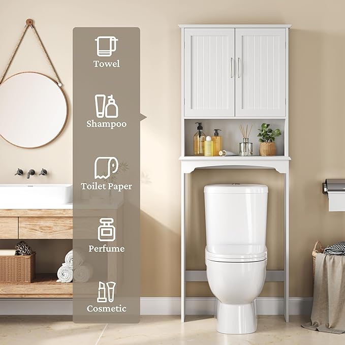 Yaheetech Over The Toilet Cabinet, Double Door Bathroom Storage Organizer, Toilet Rack with Inner Adjustable Shelf and Open Storage Shelf, White