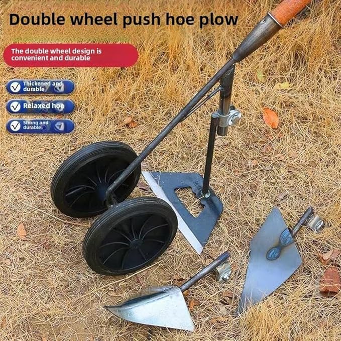 Weeding and Planting Double Wheels Hoe, Multi-Functional Soil Loosening/Trenching/Weeding Hand-Pushed Wheel Hoe Tools, Power-Assisted Weeding Scarifying Hoes, Tiller Gardens and Beds Tools