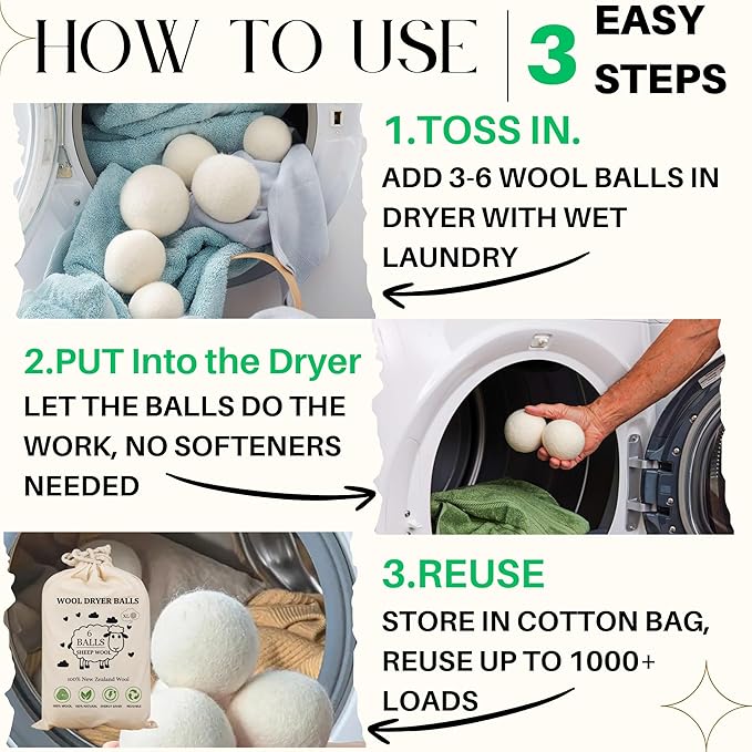 Wool Dryer Balls – 100% New Zealand Wool, Reduces Drying Time, Softens Laundry&Removes Wrinkles, Alternative to Plastic Balls & Natural Fabric Softener, Reusable Eco-Friendly Dryer Balls(Pack of 6 XL)
