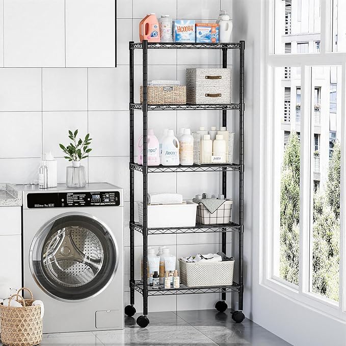 DUMOS 2 Pack 3Tier 5Tier Metal Shelving, Heavy Duty Shelves Wire Shelving Unit with Removable Wheel Casters, Shelves Organizer for Bathroom Garage Living Room Kitchen Pantry Laundry
