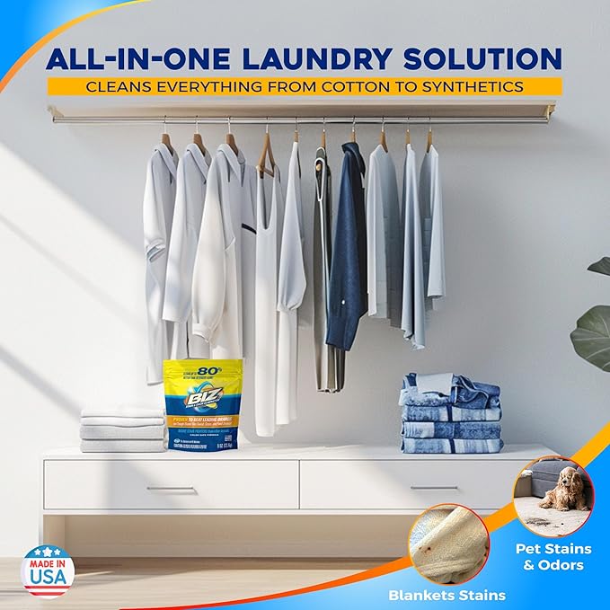 Biz Laundry Detergent Powder, Stain and Odor Eliminator for Tough Stains Like Grass Sweat and Food Grease, Powder Laundry Detergent, Color Safe, HE Safe, Unscented, Pack of 2, 16 oz Total