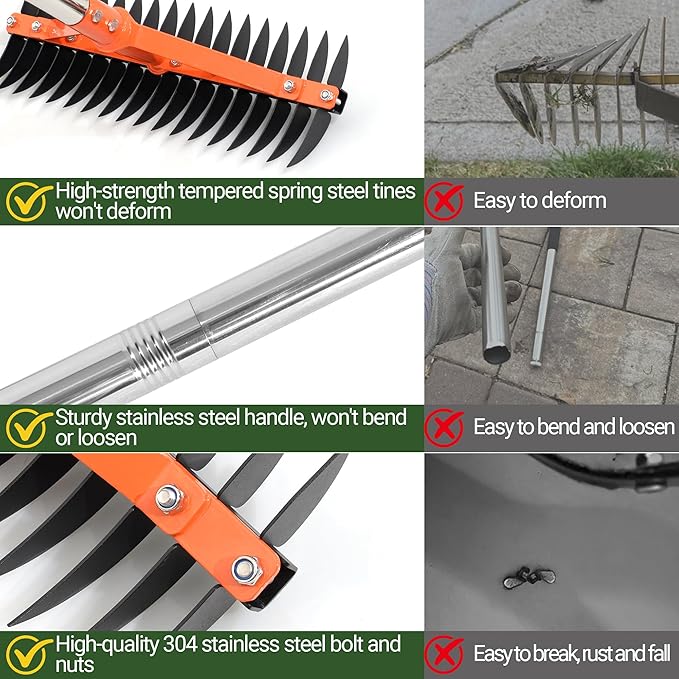 Thatch Rake for Lawns 18 Sharp Tempered Spring Steel Tines Dethatcher Rake Heavy Duty Dethatching Rakes with 62.5" Adjustable Stainless Steel Handle for Lawn Care，Dead Grass, Garden, Yard
