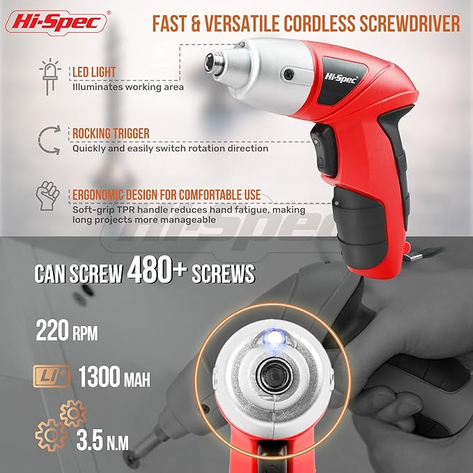 Hi-Spec 19pc 3.6V USB Small Power Screwdriver & Home DIY Tool Kit Set. Cordless & Rechargeable Electric Screwdriver and Compact Hand Tool Box Set,Red