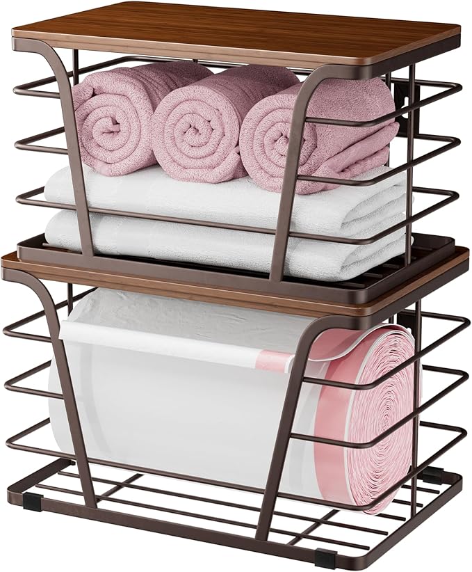 Extra Large 2 Pack Potato and Onion Storage Bins,Stackable Storage Pantry Organizers, Kitchen Storage Bins for Potato and Onion, Wall Mount Trash Bag Holder with Bamboo Top, Brown