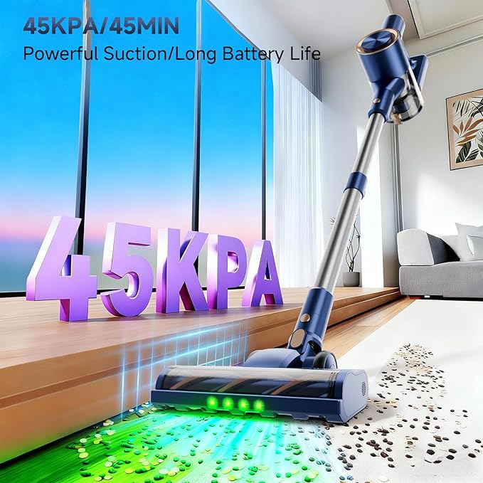 Shieal Cordless Stick Vacuum Cleaner - 45KPA Powerful Suction Vacuum with 45 Min Runtime, Detachable Battery, Anti-Tangle & 1.5L Dust Cup, 8 in 1 Vacuum Cleaner for Pet Hair, Carpet, HardFloor, Blue