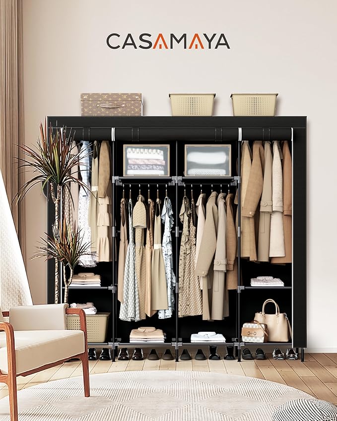 CASAMAYA Portable Closet, 66.9 Inch Large Capacity Wardrobe Closet with Cover, Clothes Storage Organizer with Shelves and 4 Hanging Rods, Easy to Assembly, Black PCT204B01