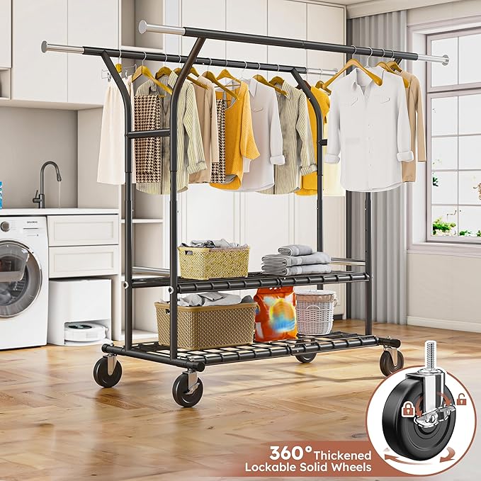 Raybee 74" W Clothes Rack Load 630 LBS, Clothing Racks for Hanging Clothes, Adjustable Heavy Duty Clothes Rack, Double Rods Metal Garment Rack for Bedroom Wardorbe Closet Living Room