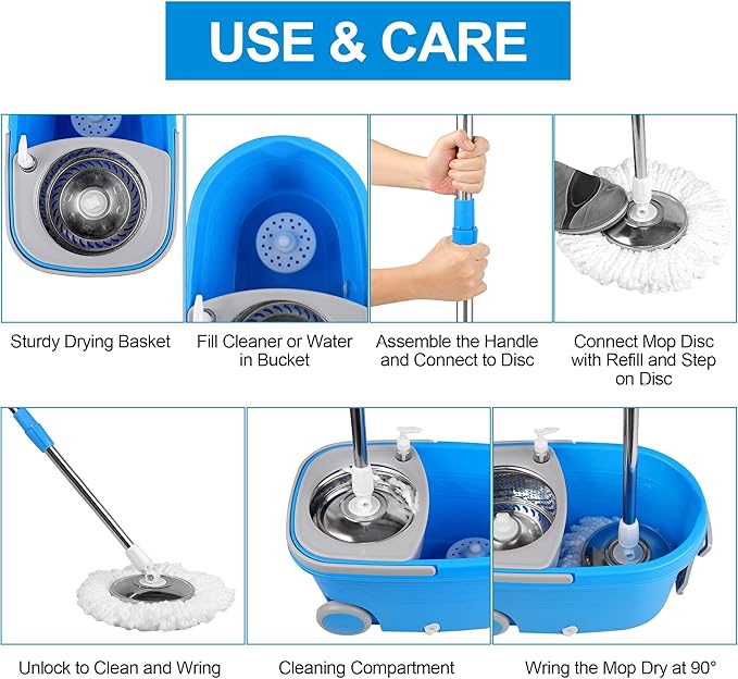 Spin Mop and Bucket with Wringer Set, 3 Washable Microfiber Pads Included for Floor Cleaning, Adjustable Stainless Steel Handle, Easy Moving with Wheels, Blue